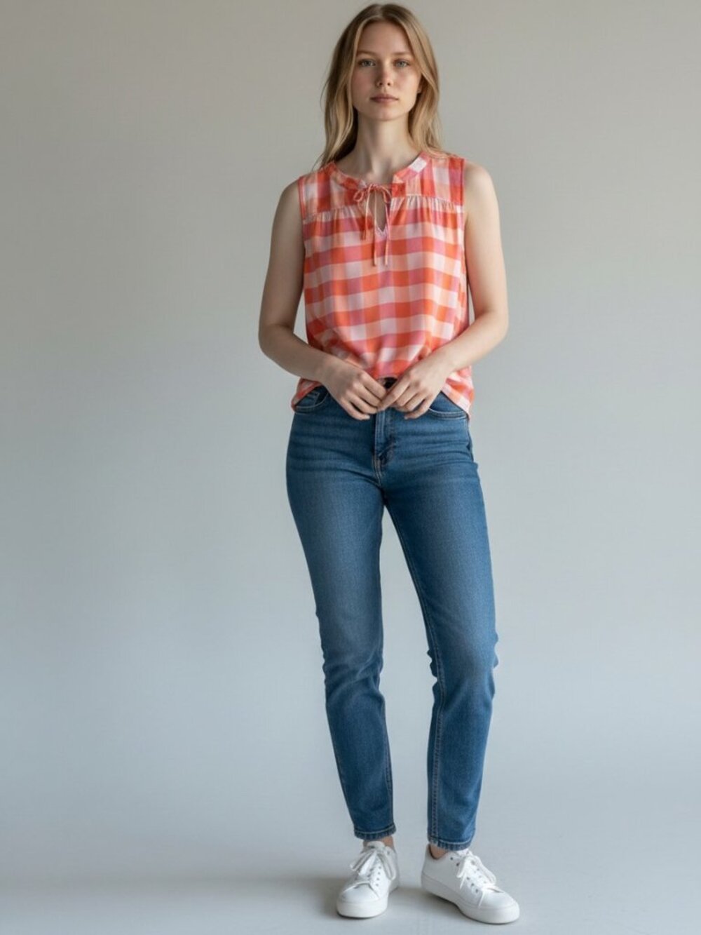 Ann Taylor Factory Coral Gingham Tie-Neck Sleeveless Blouse